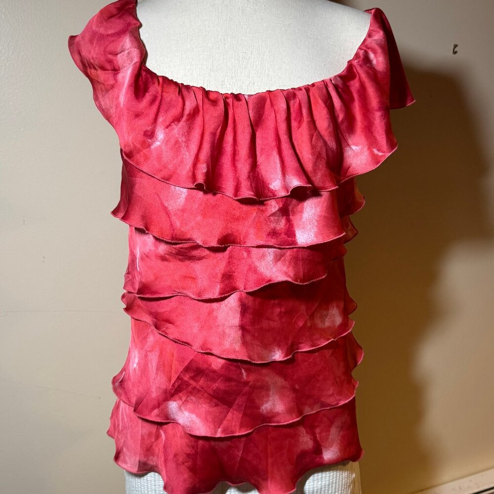 White House Black Market | Tiered Ruffle Lined Red Top PINK CORAL